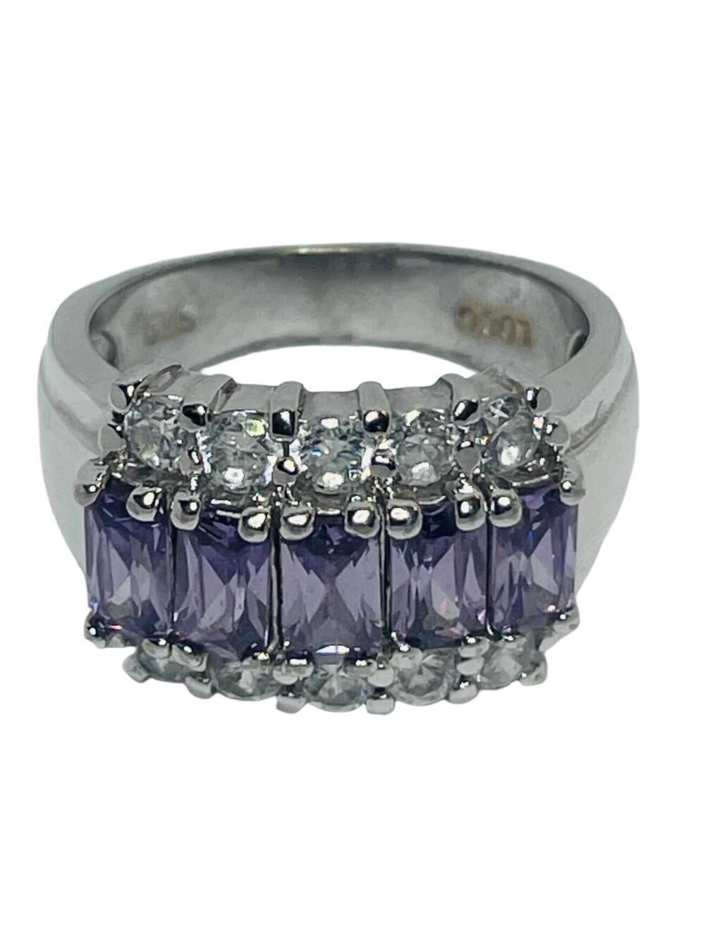 Sterling Silver RING 925 With Clear & 5 Amethyst Stones SIZE 6